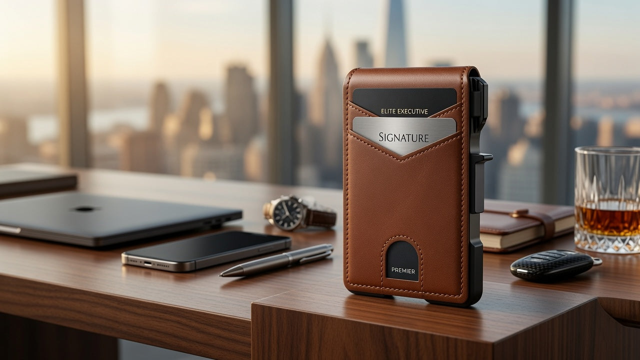 EliteVault executive wallet on a walnut desk with whiskey glass and city skyline at golden hour