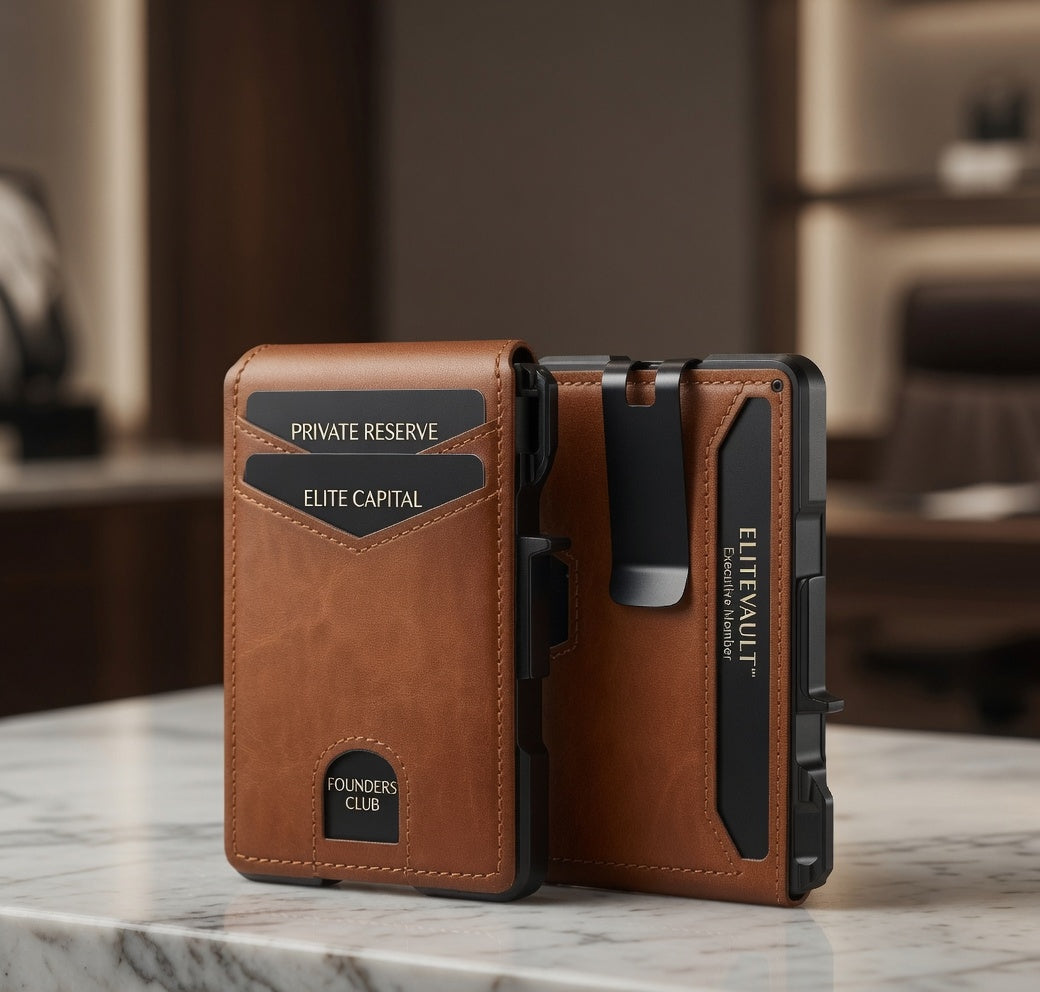 EliteVault wallet on an executive desk with passport, boarding pass, and travel essentials at golden hour
